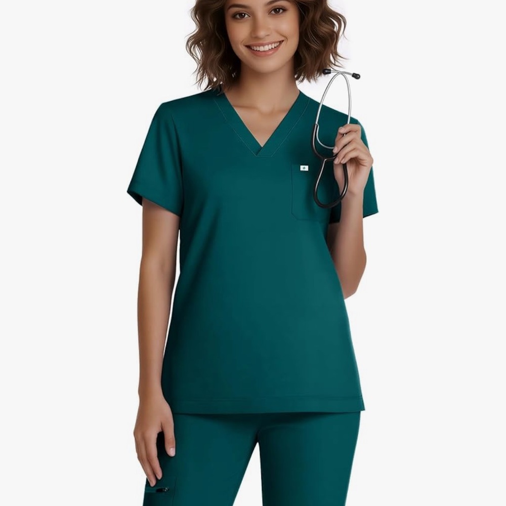Women's V-Neck Medical Scrub Top in Forest Green
